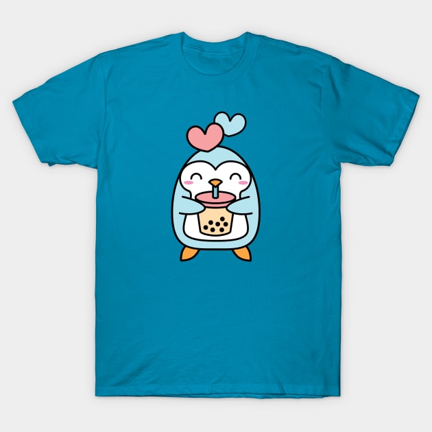 Cute Bubble Tea and Penguin with Hearts T-Shirt by BobaTeaMe